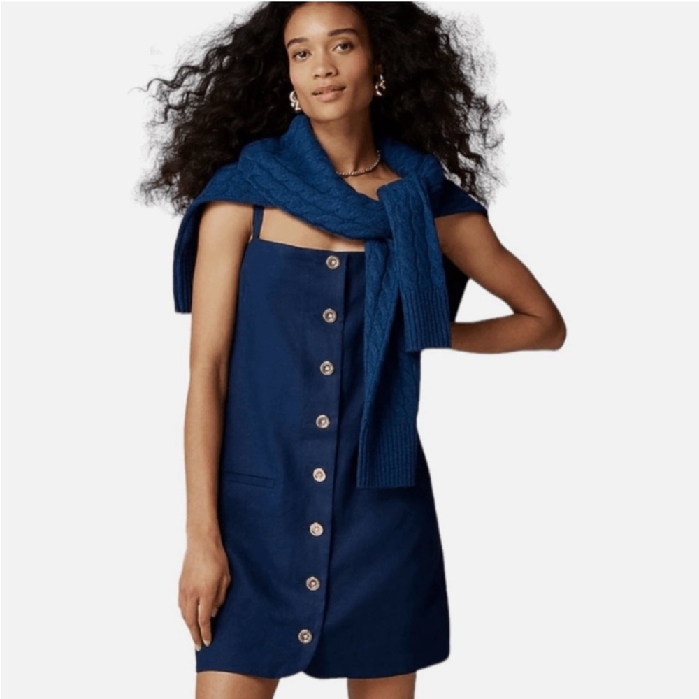 J. Crew Claudia Dress In Navy Blue Linen With Gold Accent Buttons XS NWT